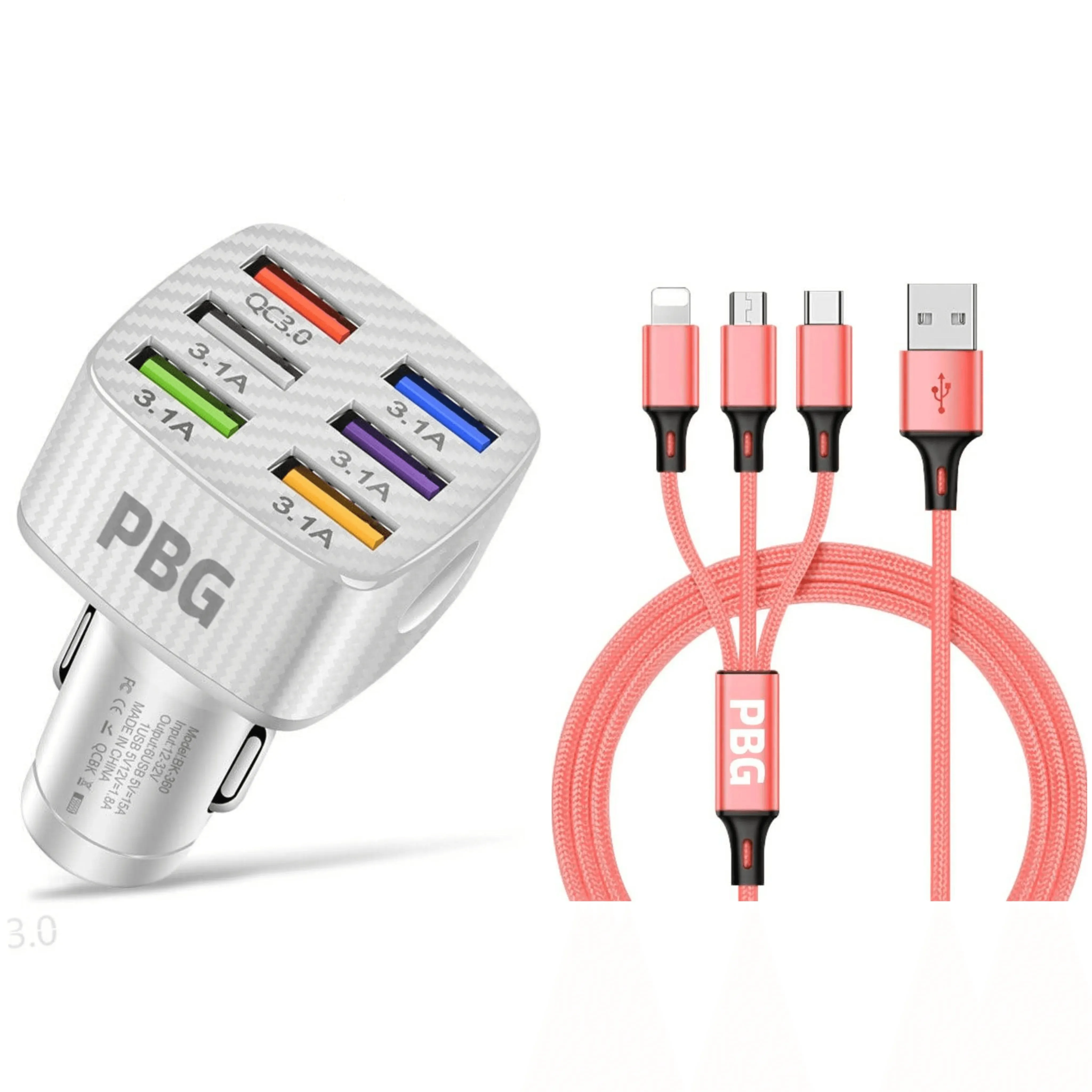 PBG LED 6-Port Car Charger with 4FT 3-in-1 Fast Charging Cable