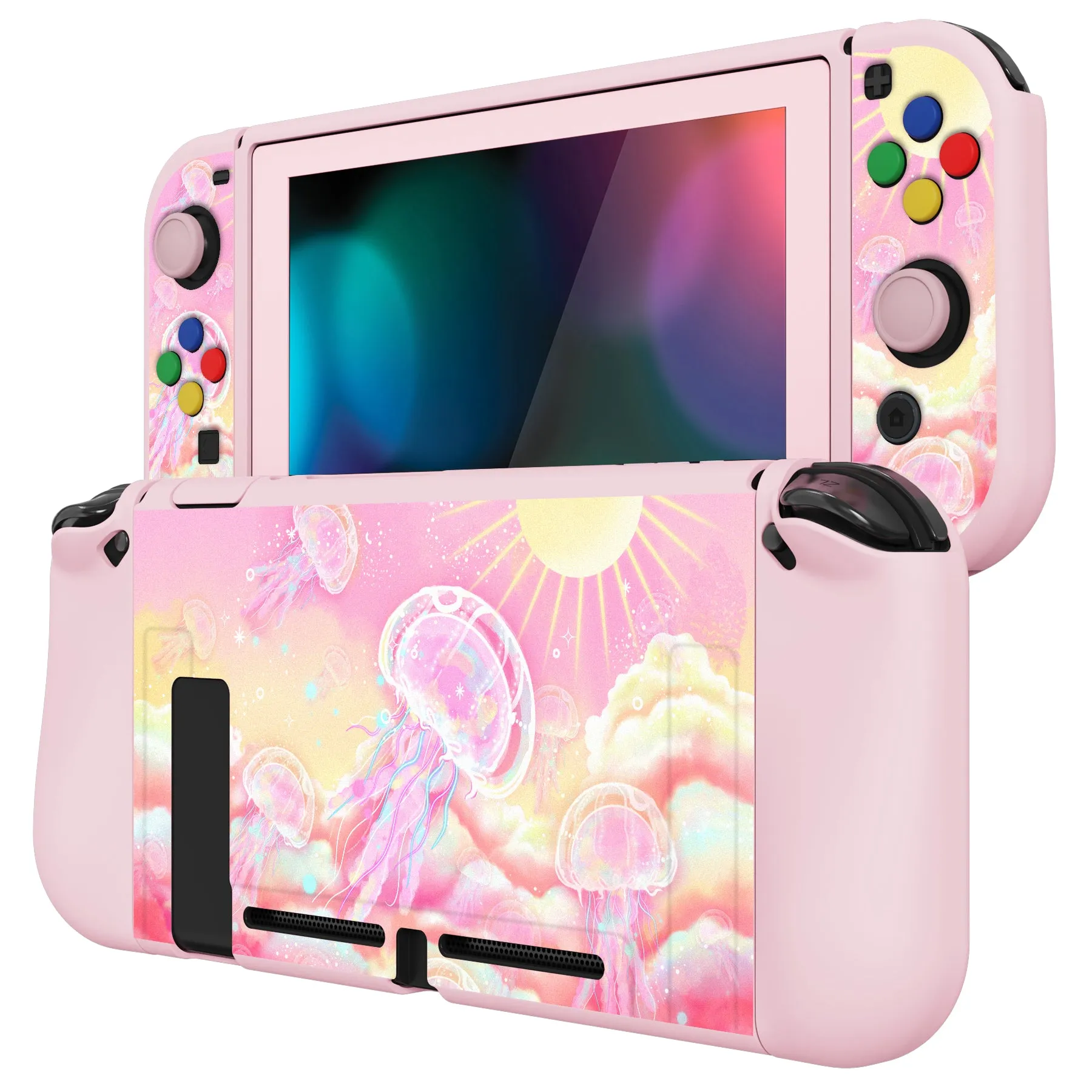 PlayVital ZealProtect Soft Protective Case for Nintendo Switch, Flexible Cover Protector for Nintendo Switch with Tempered Glass Screen Protector & Thumb Grip Caps & ABXY Direction Button Caps - Pinky Jellyfish Heaven - RNSYV6025