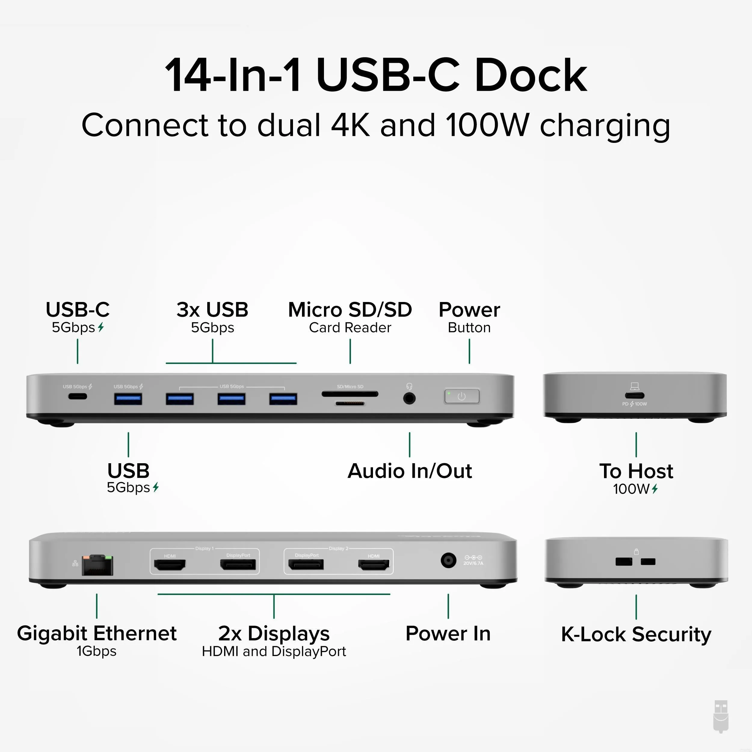 Plugable USB-C Docking Station, Dual 4K Monitors, 100W Laptop Charging