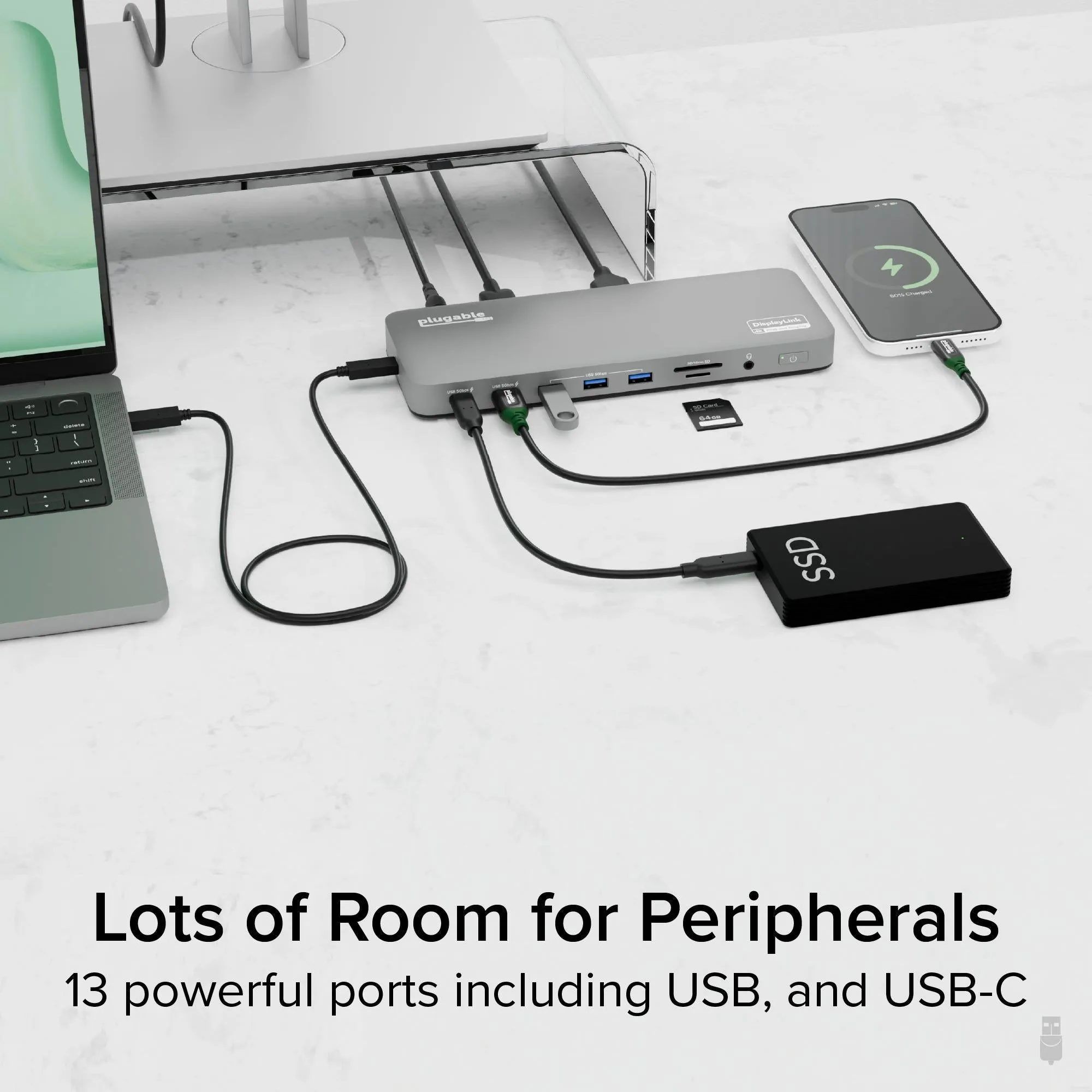 Plugable USB-C Docking Station, Dual 4K Monitors, 100W Laptop Charging