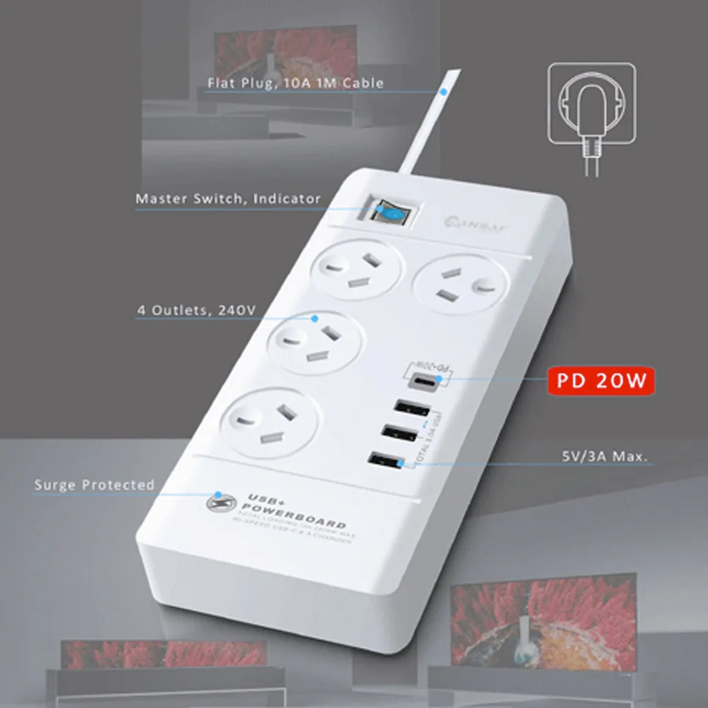 Power Board 4 Way Outlets with 4 USB Charging Ports and Surge Protector