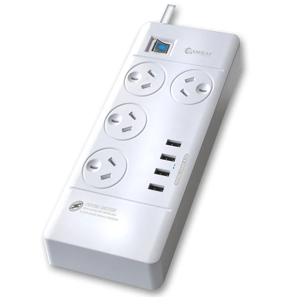 Power Board 4 Way Outlets with 4 USB Charging Ports and Surge Protector