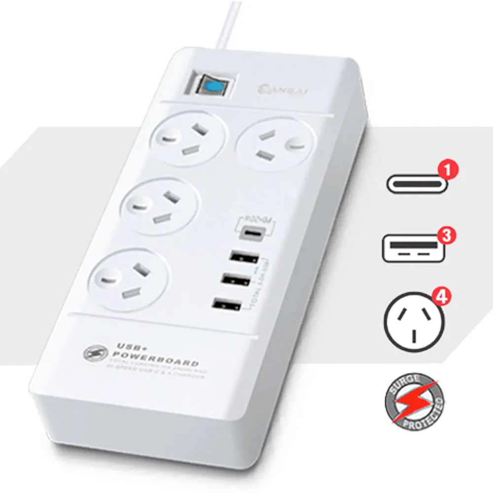 Power Board 4 Way Outlets with 4 USB Charging Ports and Surge Protector