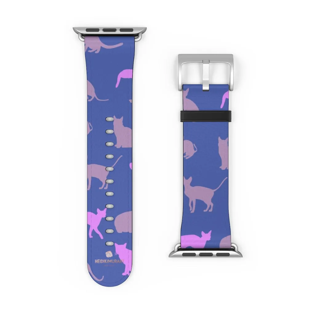 Purple Pink Cats Watch Band, Cat Print 38mm/42mm Premium Watch Band For Apple Watch- Made in USA