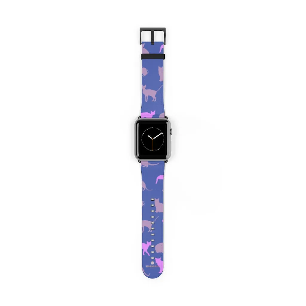 Purple Pink Cats Watch Band, Cat Print 38mm/42mm Premium Watch Band For Apple Watch- Made in USA