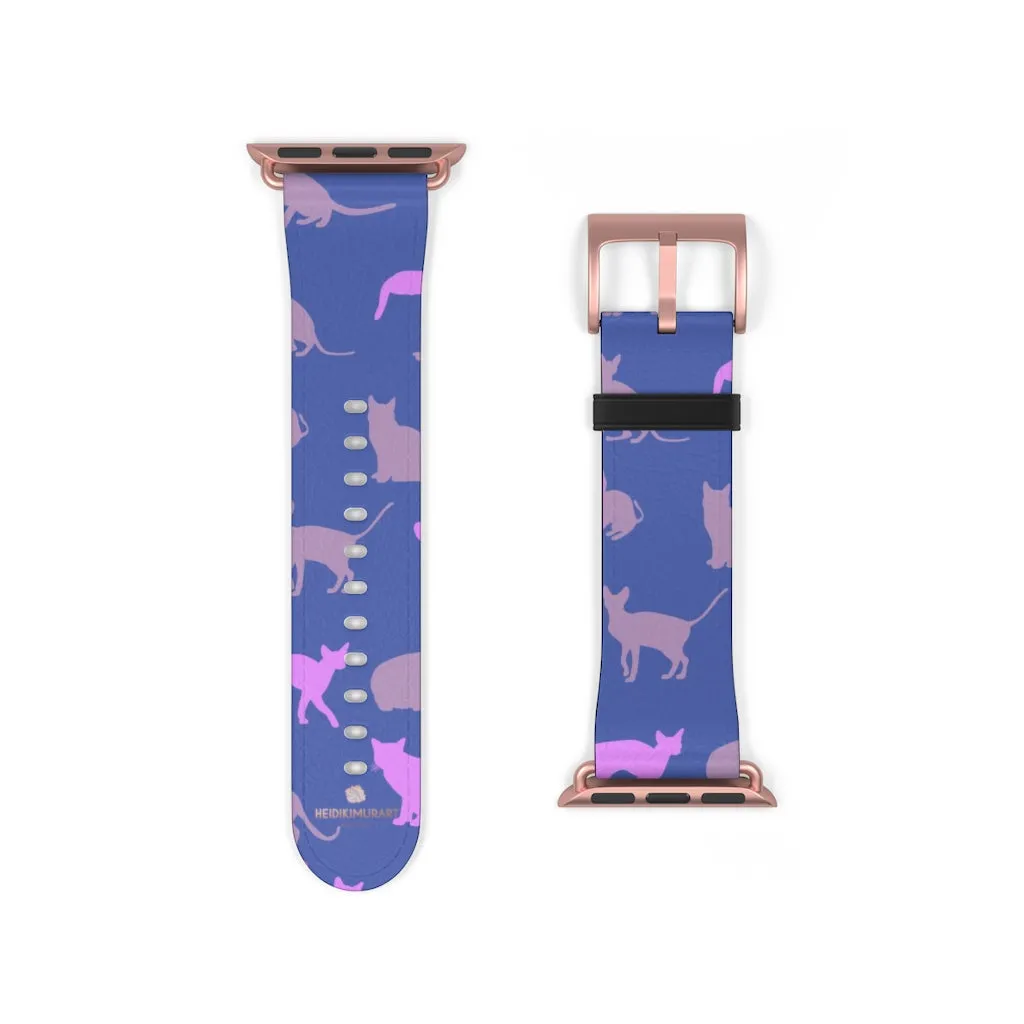 Purple Pink Cats Watch Band, Cat Print 38mm/42mm Premium Watch Band For Apple Watch- Made in USA