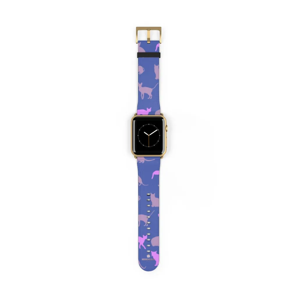 Purple Pink Cats Watch Band, Cat Print 38mm/42mm Premium Watch Band For Apple Watch- Made in USA