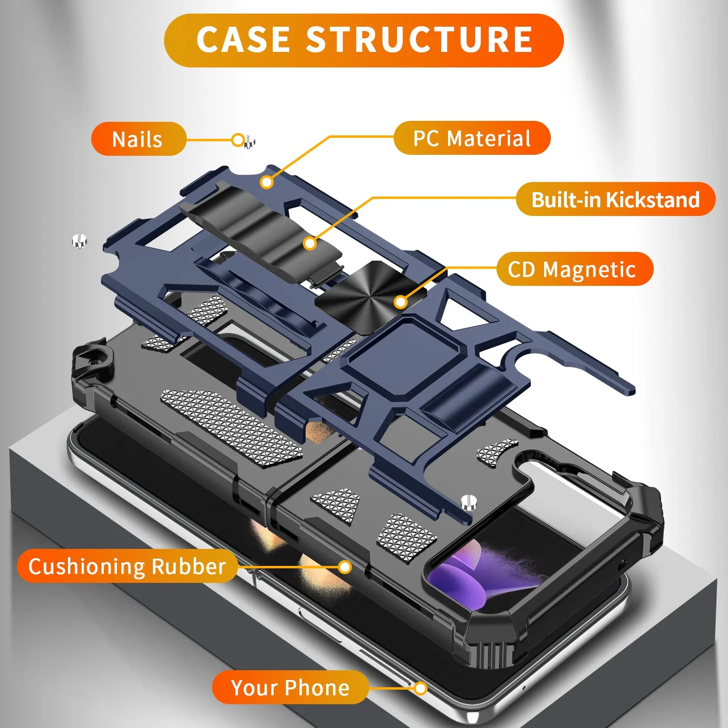 Samsung Galaxy Z Flip4 Case [Military Grade] Ring Car Mount Kickstand w/[Tempered Glass] Hybrid Hard PC Soft TPU Shockproof Protective Case -Blue