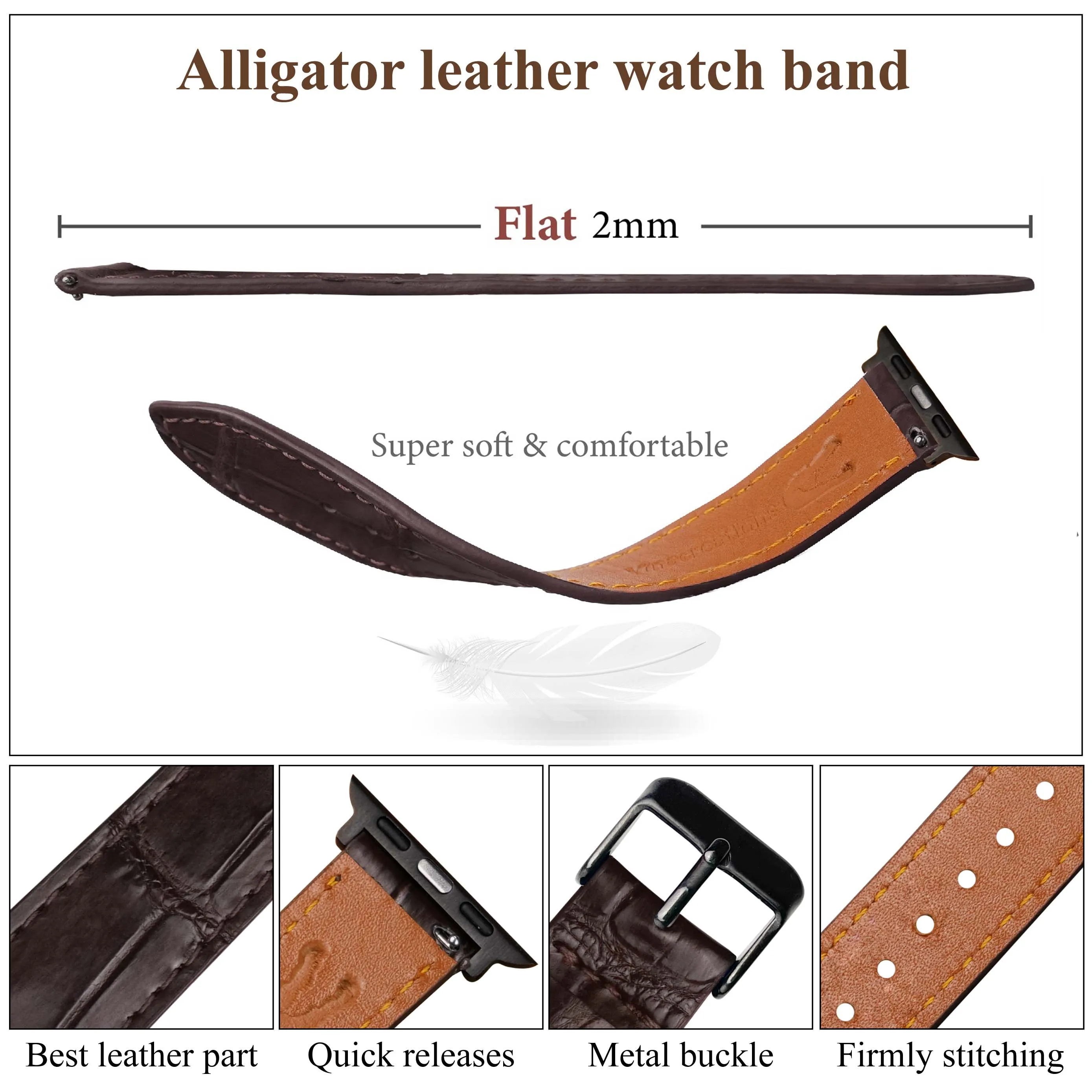 Slim Dark Brown Alligator Apple Leather Watch Band