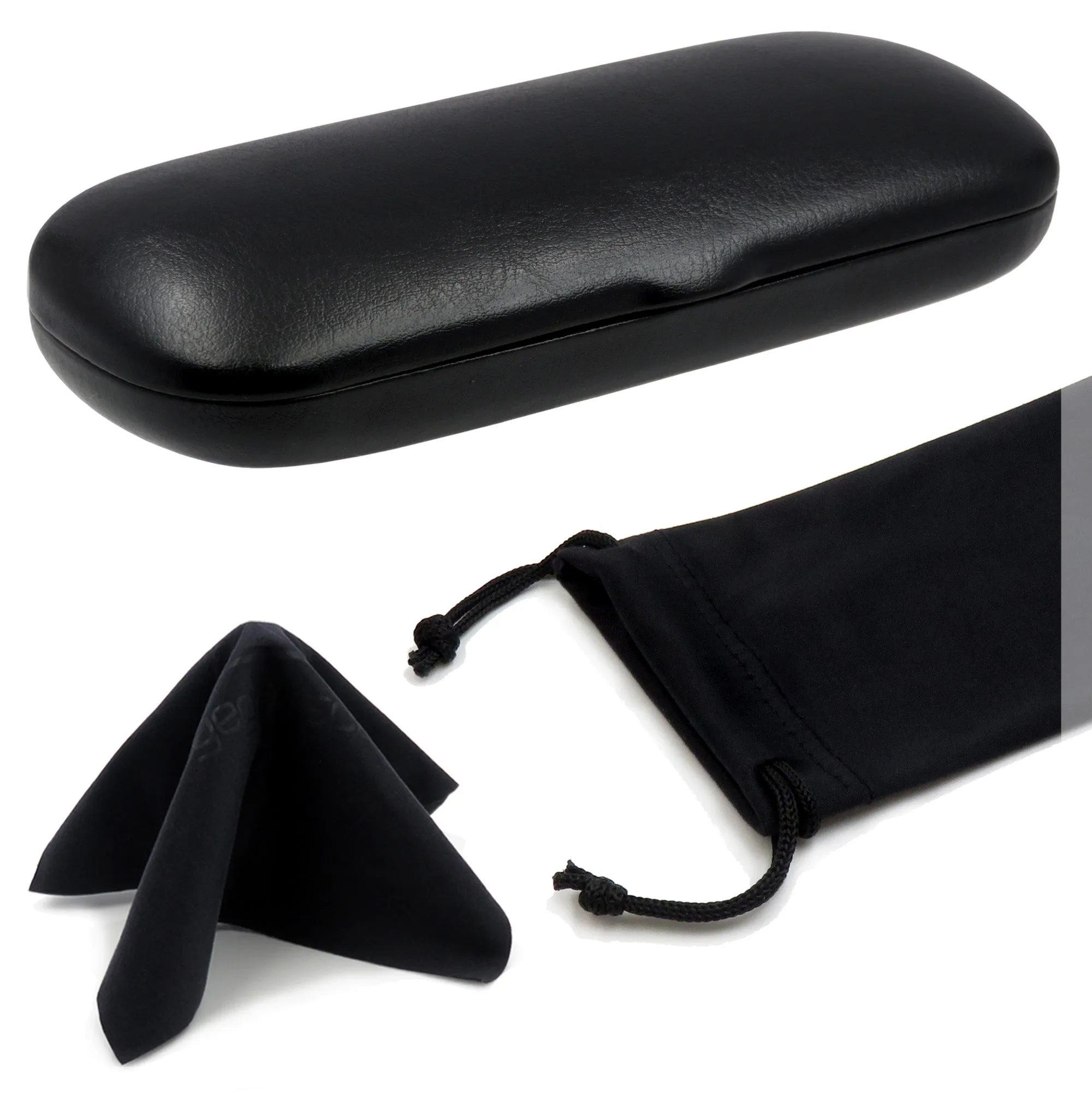 Small Hard Eyeglass Case, Reading Glasses Case w/ Drawstring Pouch & Cleaning Cloth ( S5 Black)