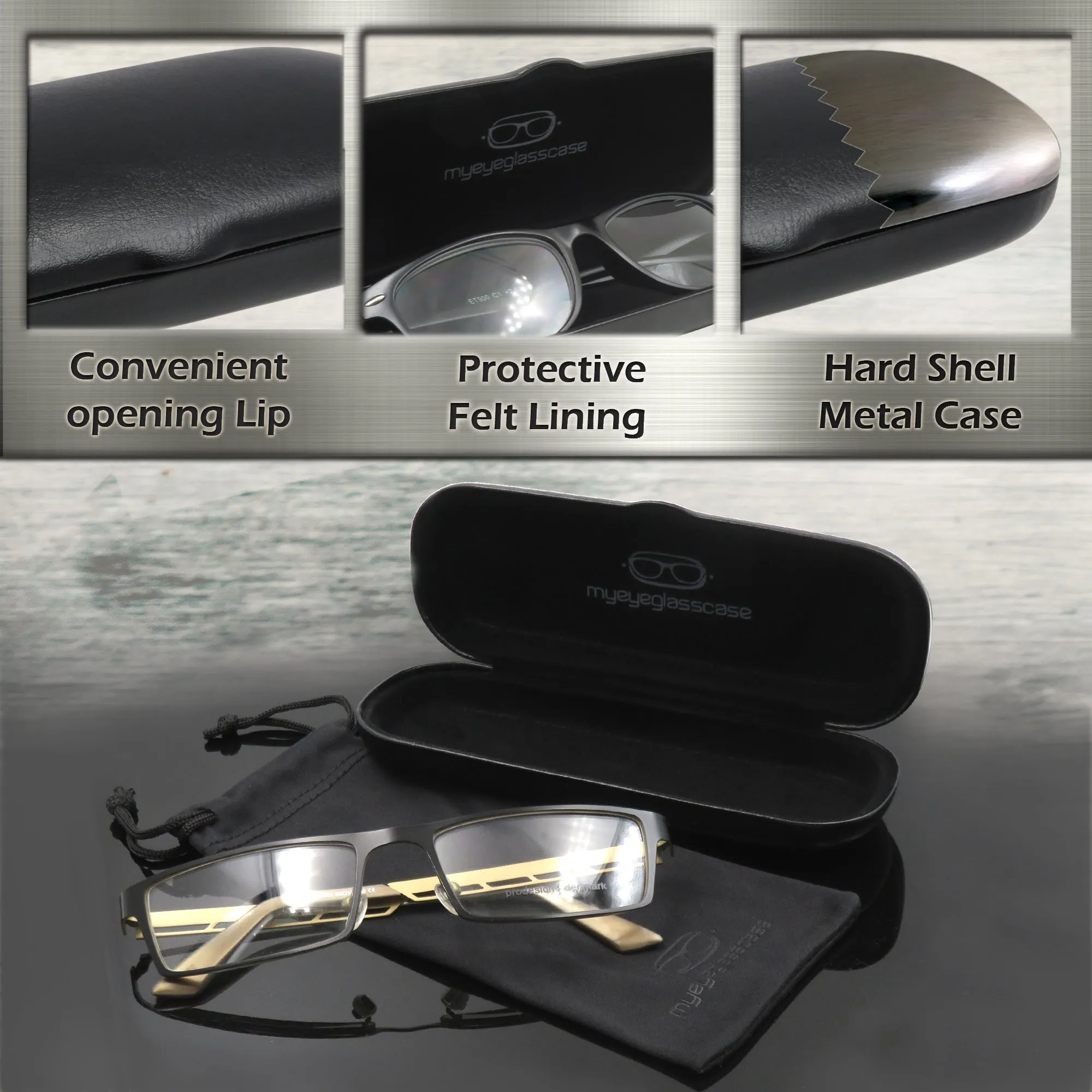 Small Hard Eyeglass Case, Reading Glasses Case w/ Drawstring Pouch & Cleaning Cloth ( S5 Black)