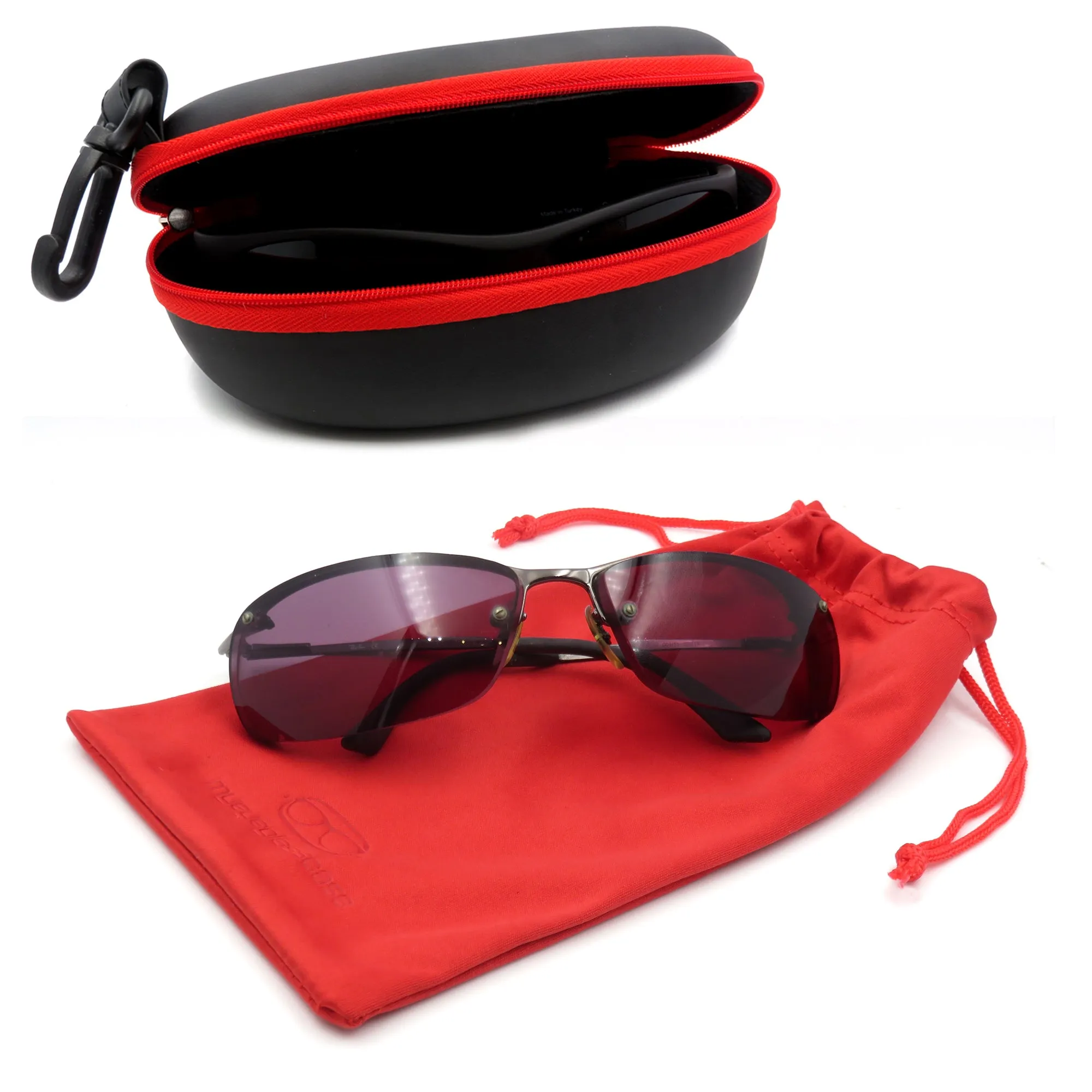 Sport Sunglasses Case - Large Eyeglass Case Holder - Semi Hard Glasses Case with Zipper & carabiner hook with Pouch  (B15HC RED)