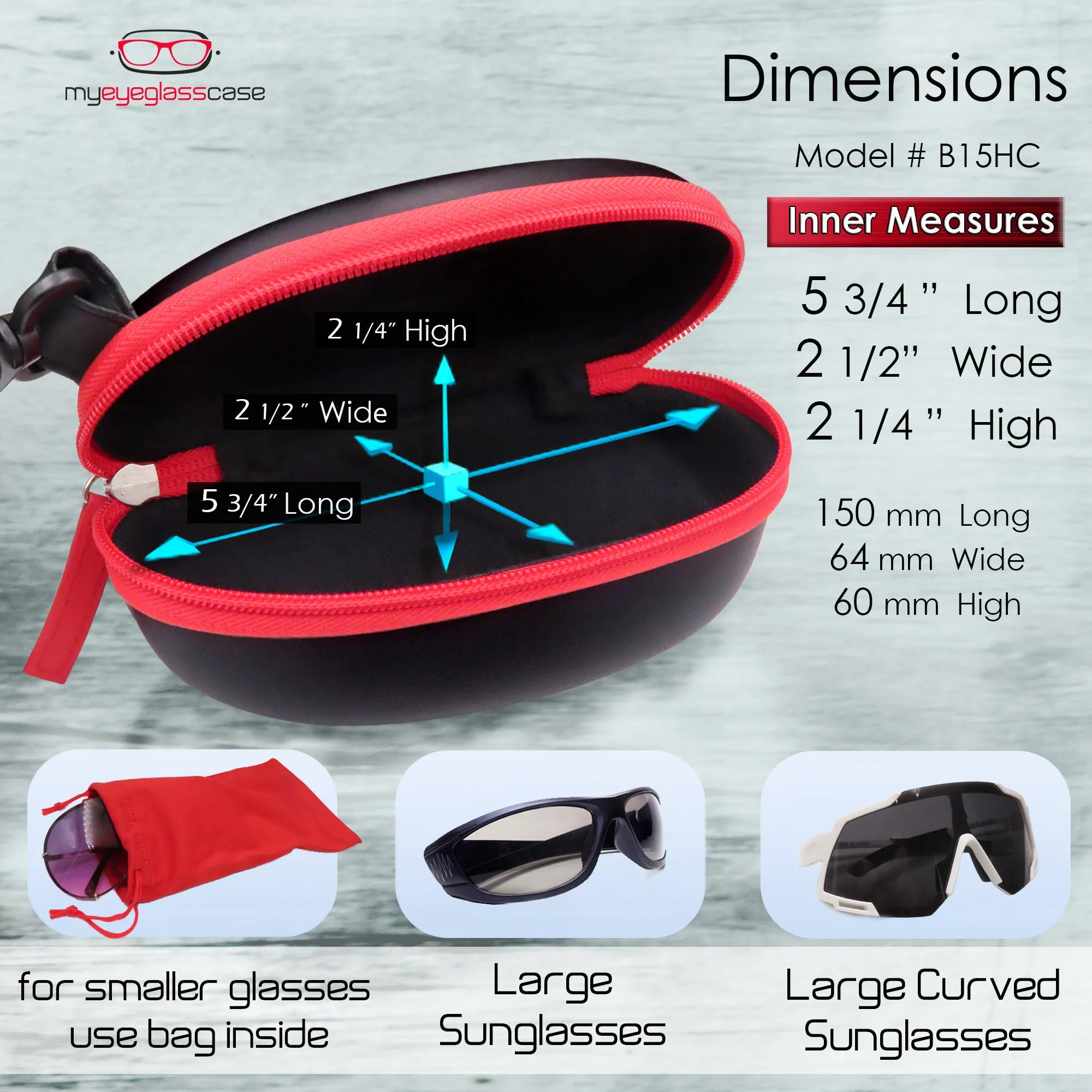 Sport Sunglasses Case - Large Eyeglass Case Holder - Semi Hard Glasses Case with Zipper & carabiner hook with Pouch  (B15HC RED)