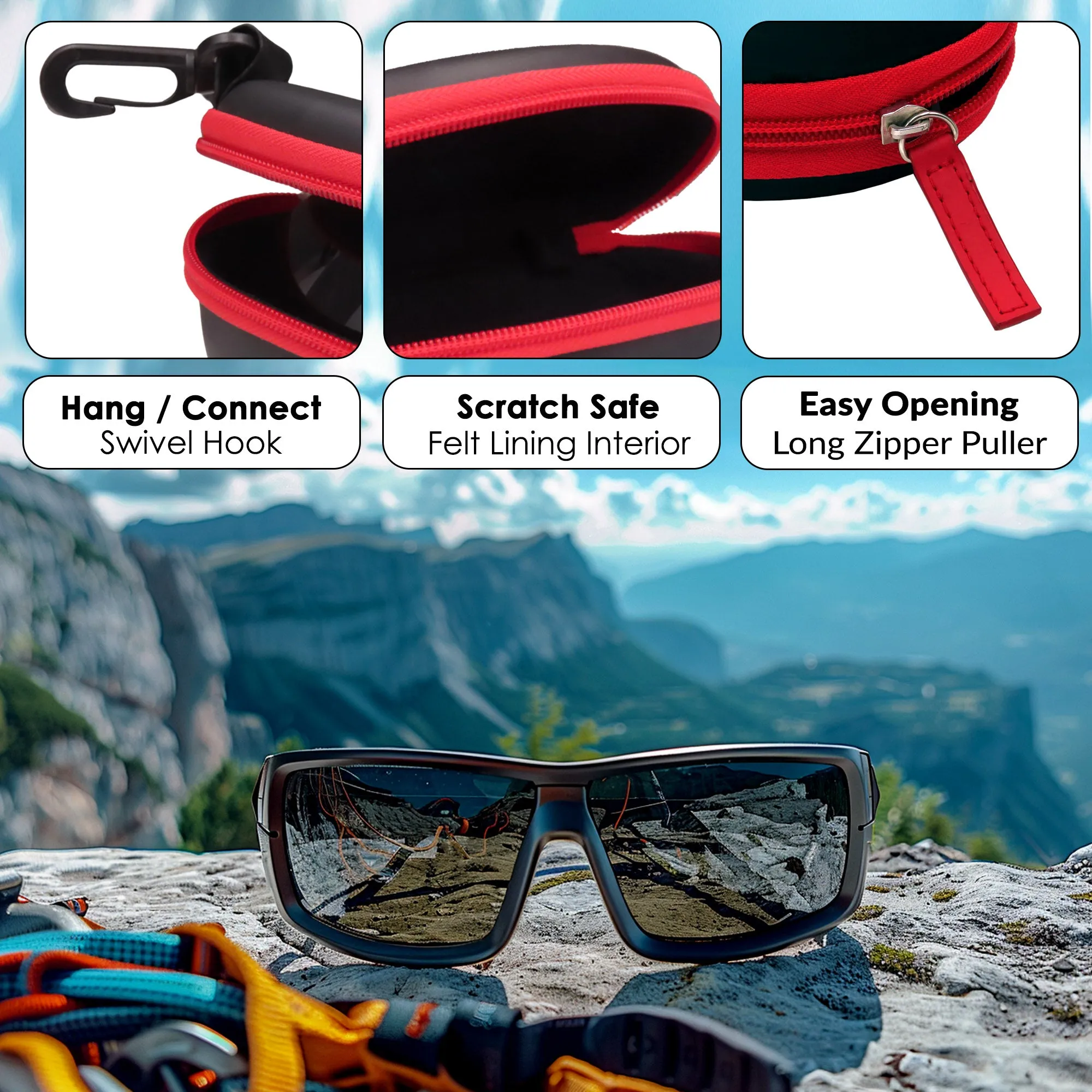 Sport Sunglasses Case - Large Eyeglass Case Holder - Semi Hard Glasses Case with Zipper & carabiner hook with Pouch  (B15HC RED)