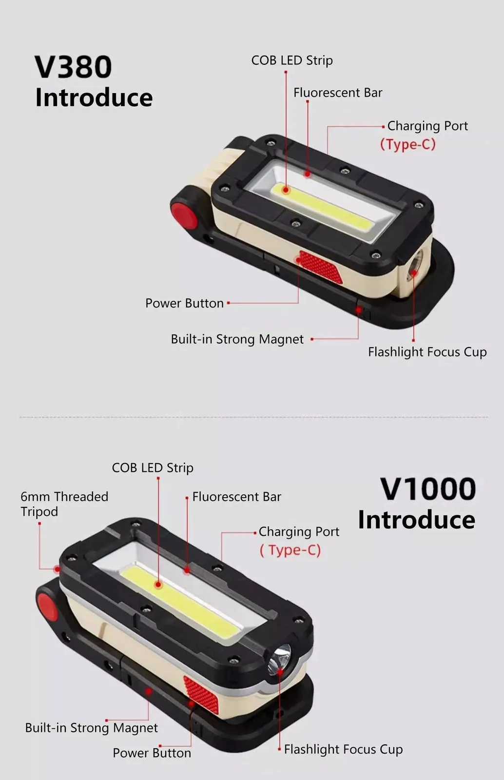 SUNREI V380 V1000  LED Work Light Auto Repair And Repair Super Bright Strong Light Camping Light Emergency Light Outdoor