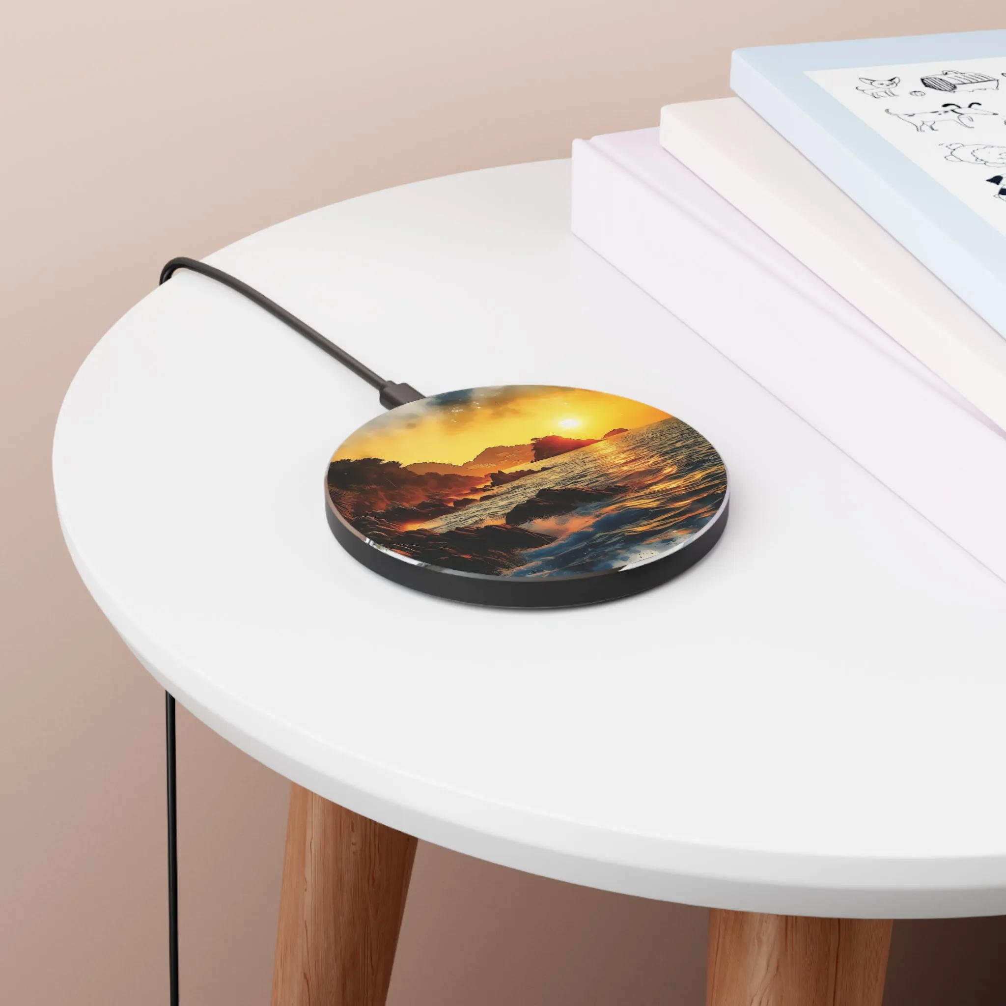 Sunset on a wavy sea with watercolor effect  Wireless Charger