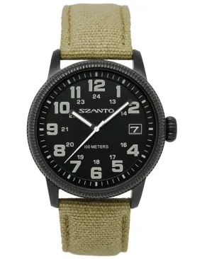 Szanto Mens 1100 Series - Black Steel - Black Dial - Khaki Strap - 100m - Date