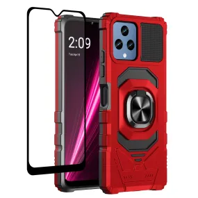 T-Mobile REVVL 6 5G Case [Military Grade] Ring Car Mount Kickstand w/[Tempered Glass] Hybrid Hard PC Soft TPU Shockproof Protective Case - Red