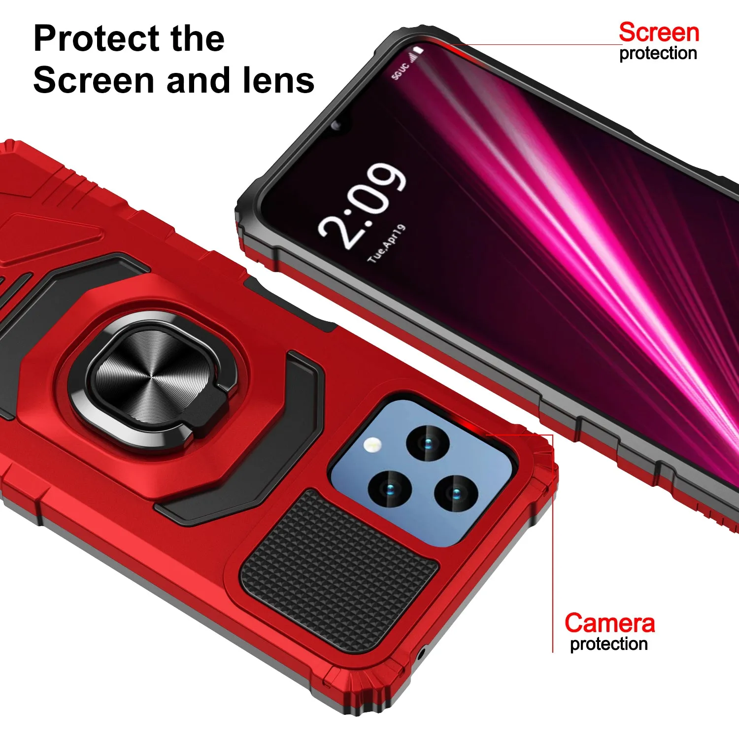 T-Mobile REVVL 6 5G Case [Military Grade] Ring Car Mount Kickstand w/[Tempered Glass] Hybrid Hard PC Soft TPU Shockproof Protective Case - Red