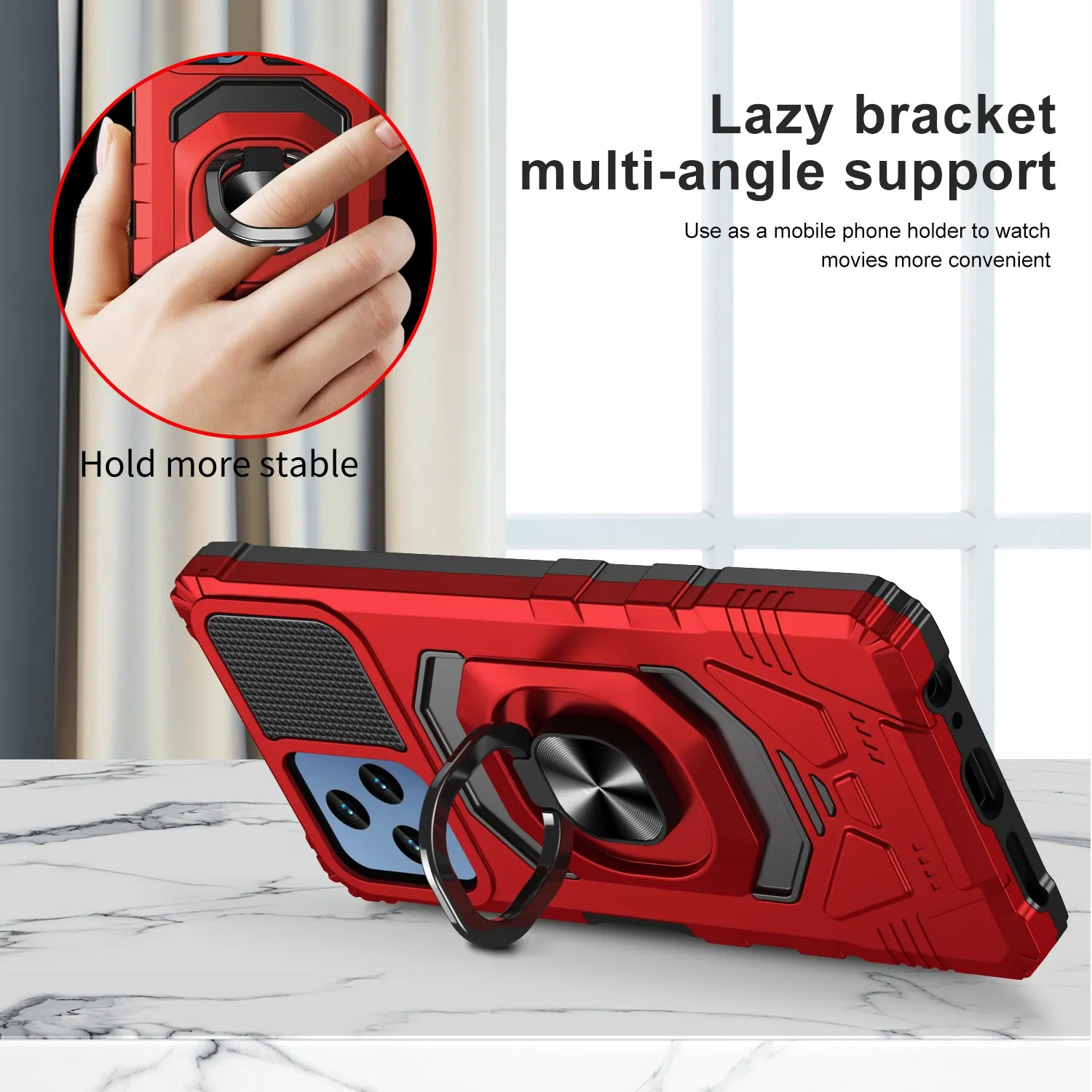 T-Mobile REVVL 6 5G Case [Military Grade] Ring Car Mount Kickstand w/[Tempered Glass] Hybrid Hard PC Soft TPU Shockproof Protective Case - Red