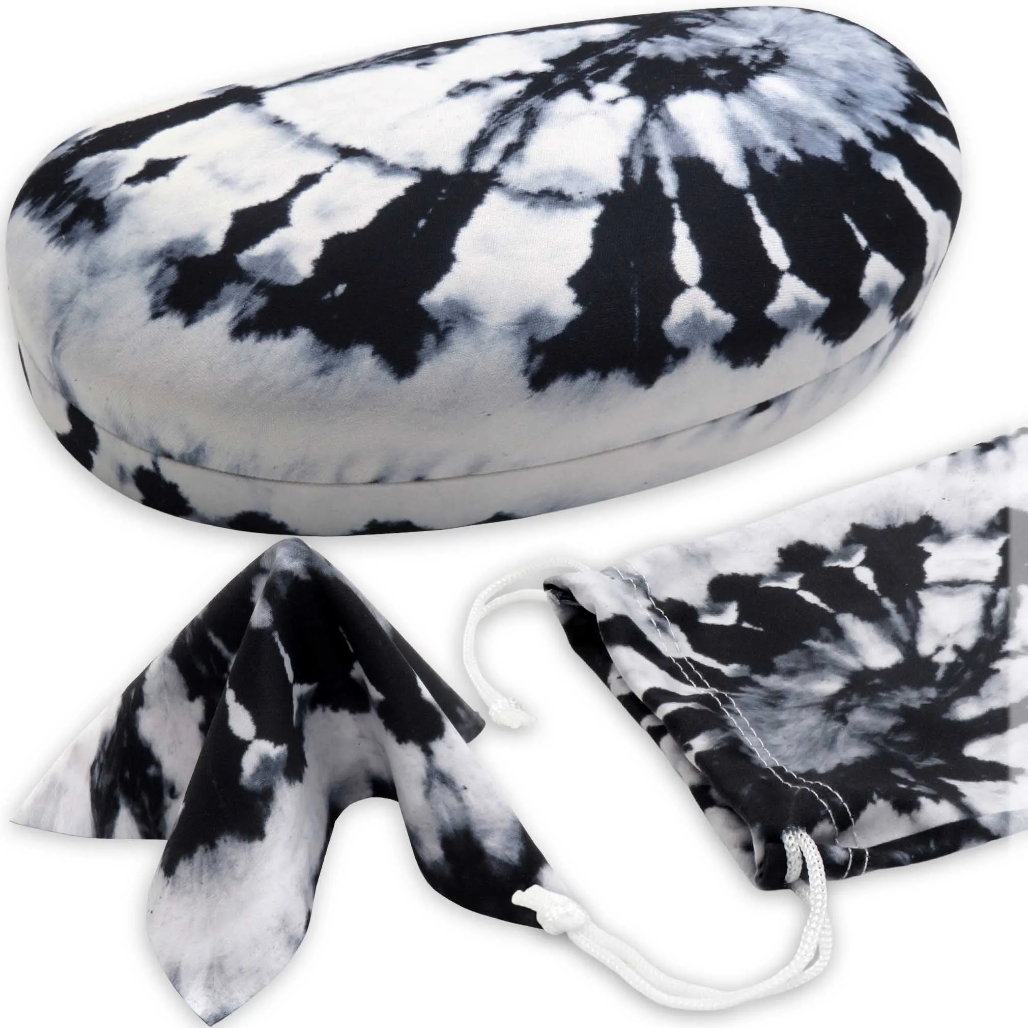 Tie Dye Medium Sunglasses cases / Large Eyeglasses case with Drawstring Pouch & Cloth (AS113 Black & Whi)