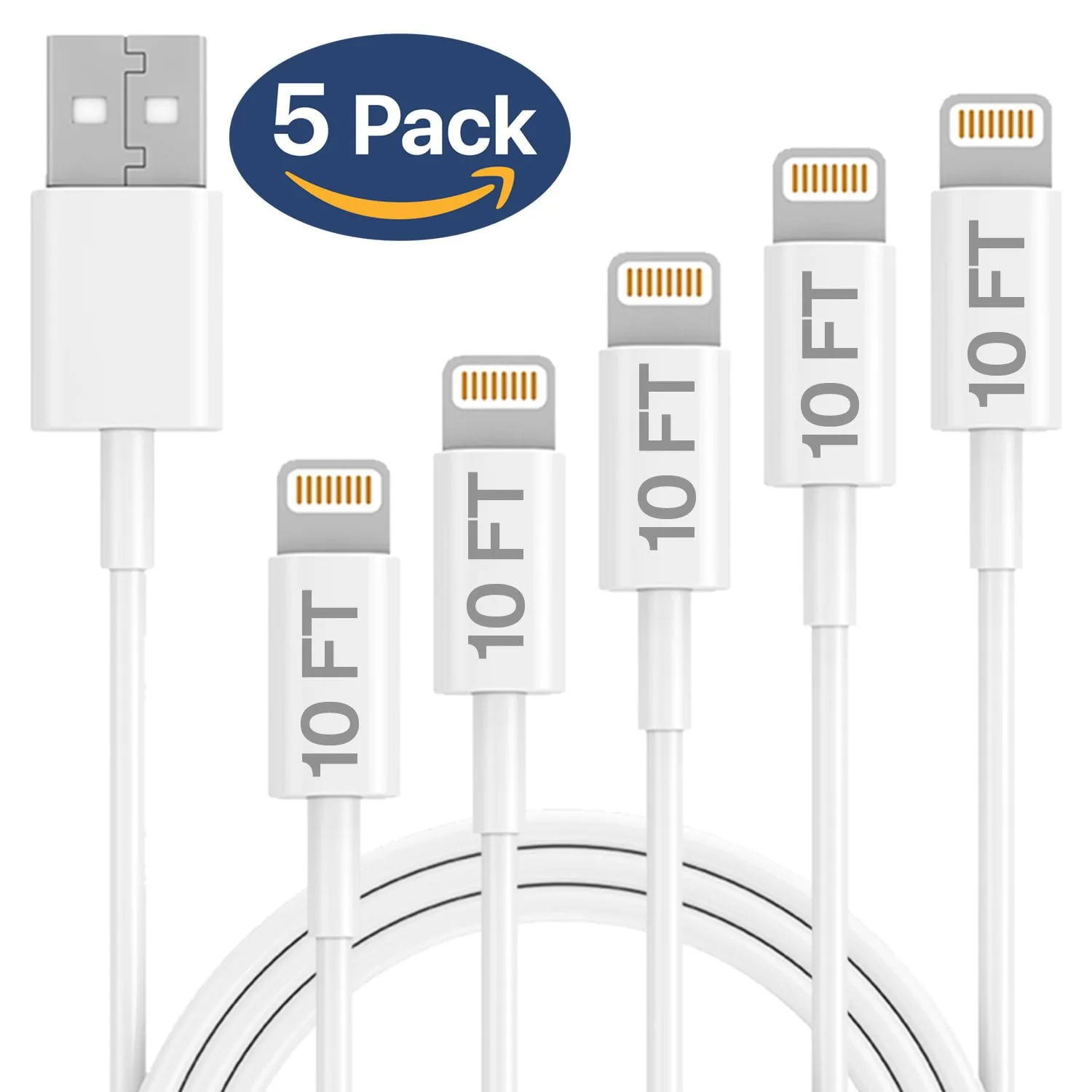 Violet Sturdy and Durable Flexible White Charging Cable for Apple Compatible Devices 10 Ft., 5 Pcs Set