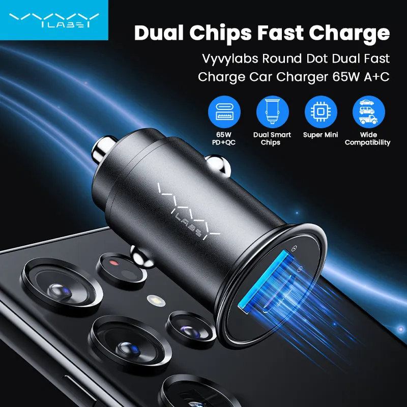 Vyvylabs Round Dot Dual Fast Charge Car Charger 65W A C Compact and Reliable - Black