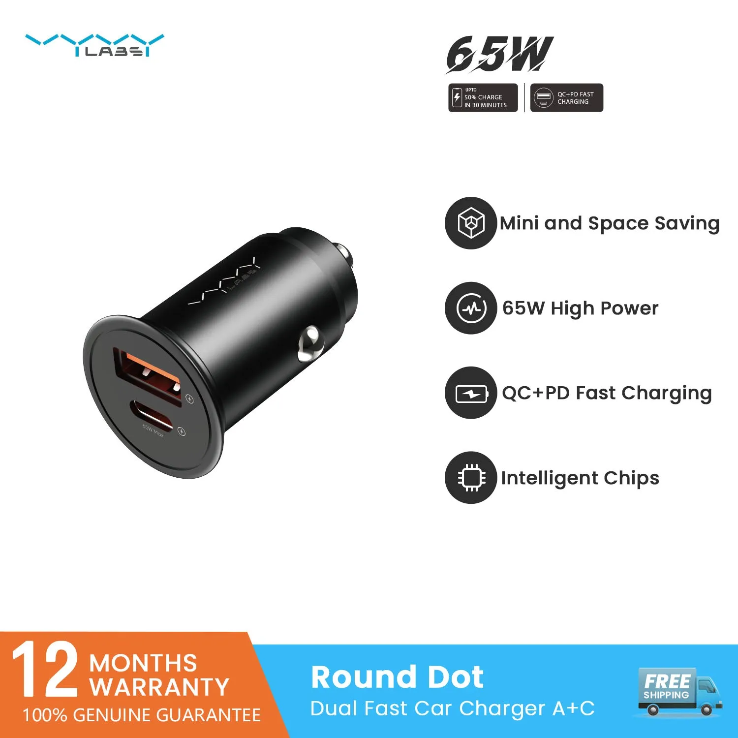 Vyvylabs Round Dot Dual Fast Charge Car Charger 65W A C Compact and Reliable - Black