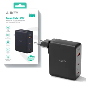 Wall Charger Aukey Pa-B7o Omnia Ii Gan 2Xusb-C 1Xusb-A Pd 3.1 Pps 140W Eu/Us/Uk